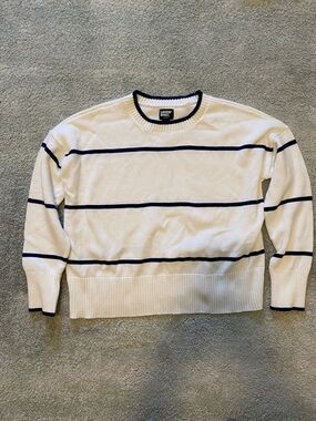 Lands' End White Crewneck Sweater with Navy Stripes